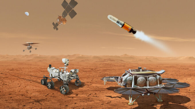 Projeto inclui dois landers, dois helicópteros, o MAV, e um orbitador para coletar e lançar as amostras rumo à Terra. A Perseverance, que aparece na imagem, trabalharia em conjunto (Crédito:NASA/JPL-Caltech)