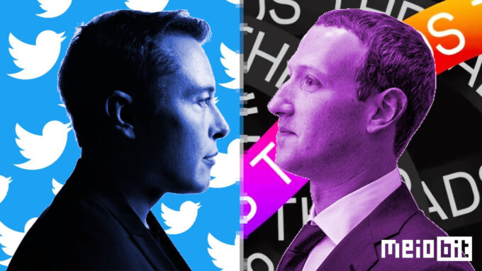 Mark Zuckerberg aproveitou caos no Twitter, causado principalmente por Elon Musk, para introduzir o rival Threads (Crédito: Ronaldo Gogoni/Meio Bit)
