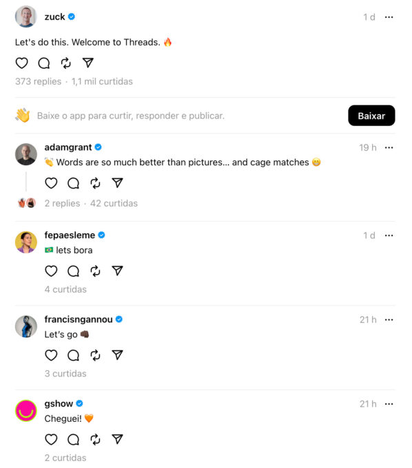 Zuck, o chefe do Instagram Adam Mosseri, e algumas celebridades e empresas, do Brasil inclusive, já têm acesso ao Threads (Crédito: Reprodução/Meta)
