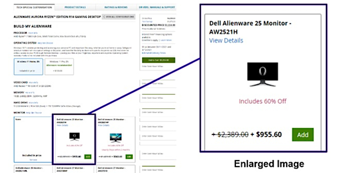 Detalhe de captura do site da Dell Austrália, inclusa nos autos; o valor de AU$ 2.389 era fictício, e o de $955, na compra com um desktop, era superior ao custo individual do item (Crédito: Reprodução/Dell/ACCC)