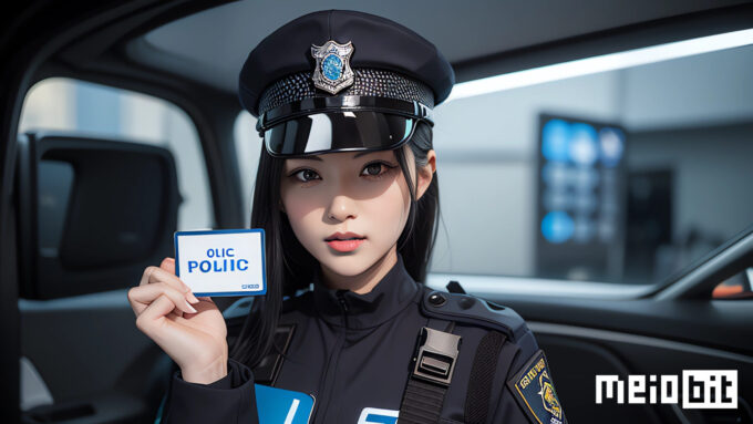 A IA entende isto como "uma policial segurando uma placa gráfica". Não estou reclamando (Crédito: Stable Diffusion/Ronaldo Gogoni/Meio Bit)