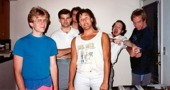 From the left.  Right: John Carmack, Kevin Cloud, Adrian Carmack, John Romero, Tom Hall, and Jay Wilbur, the original Identity Software gang (Credit: John Romero/personal Collection)