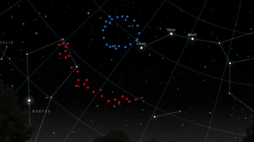 Representação artística de como ficariam o Grande Anel (azul) e o Arco Gigante (vermelho) no céu noturno, caso fossem visíveis a olho nu (Crédito: Stellarium/University of Central Lancashire/PA)