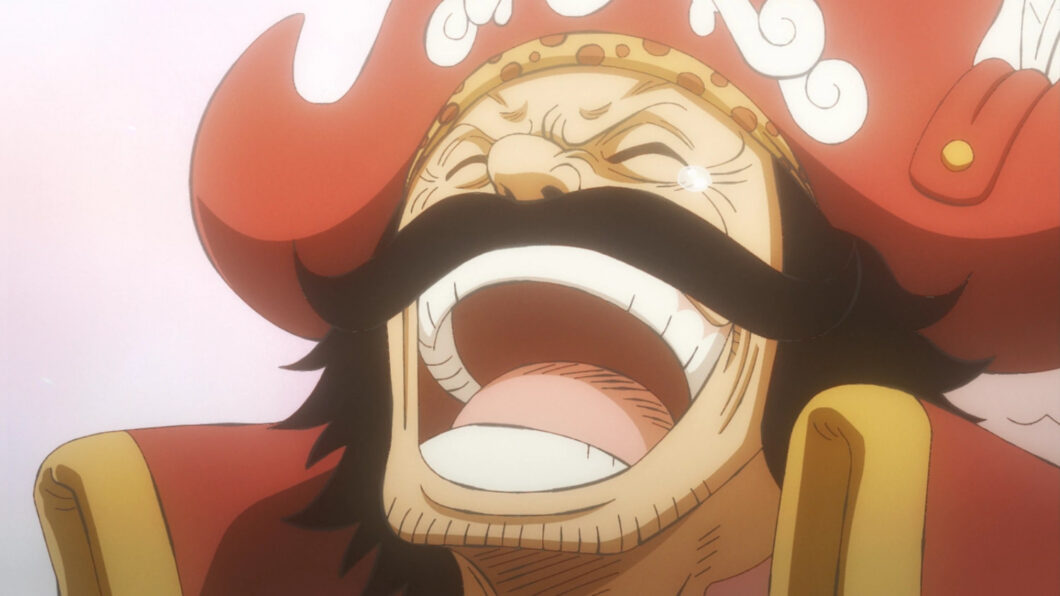 Cena do anime One Piece: o Rei dos Piratas, Gol D. Roger, caindo na gargalhada (Crédito: Reprodução/Toei Animation/Crunchyroll/Sony)