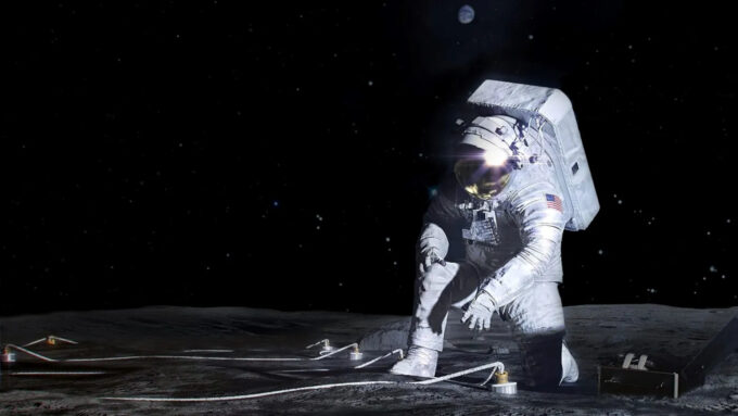 Representação artística de astronauta da missão Artemis instalando instrumentos na superfície lunar, para descobrir como e o que pode ser cultivado (Crédito: Divulgação/NASA)