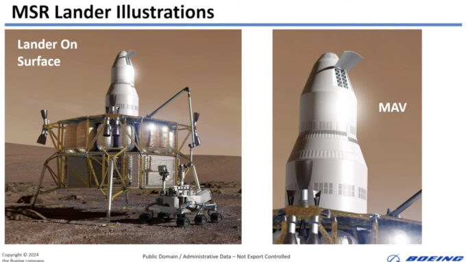 Representação artística do conjunto lander/MAV da Boeing; Perseverance para escala (Crédito: Reprodução/Boeing) / nasa