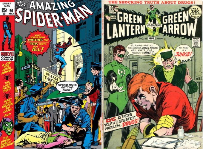 A trama de Amazing Spider-Man #96-98 forçou mudanças no CCA, que permitiram a DC publicar uma história similar, sob o selo (Crédito: Reprodução/Marvel Comics/Disney/DC Comics/Warner Bros.) / hqs