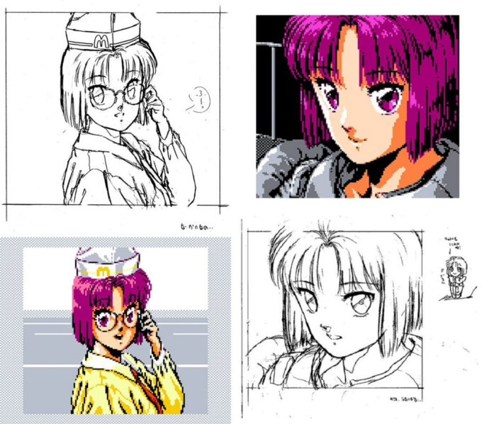 Dois exemplos de como Yoshimiru Hoshi trasportava seus desenhos originais para a pixel art do Famicom, explorando ao máximo a paleta de cores limitada do console (Crédito: Reprodução/HAL Laboratory)
