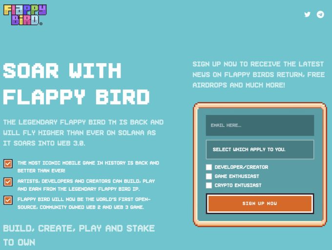 Imagem removida do site FlappyBird.com, fazendo referência à Solana (Crédito: Reprodução/Flappy Bird Foundation/Gametech Holdings LLC)