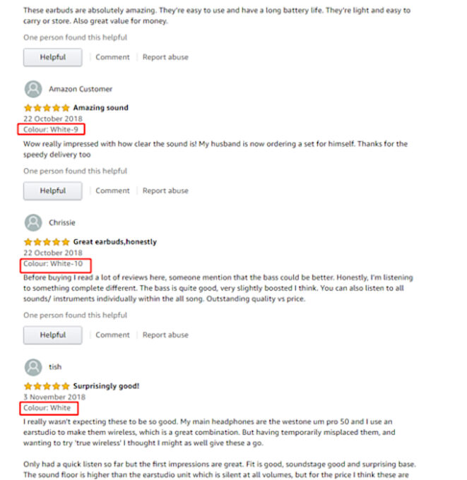 Um exemplo básico de reviews falsos no site da Amazon; nenhum perfil é verificado (Crédito: Reprodução/Amazon)