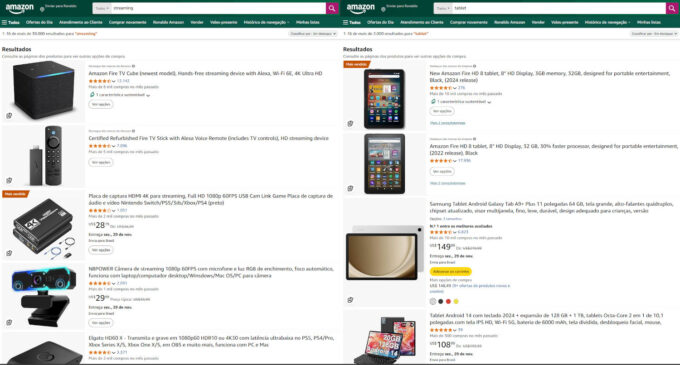 Busca por "tablet" e "streaming" no site da Amazon retorna produtos da companhia em destaque, o que não pode acontecer na UE (Crédito: Reprodução/Amazon)