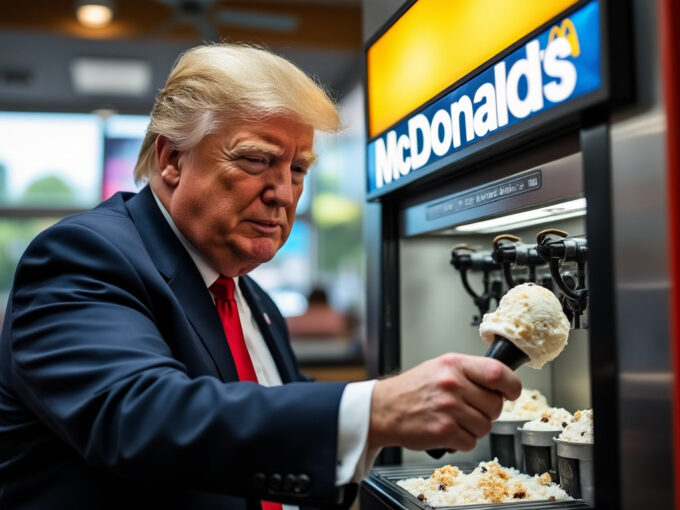 Trump usou o imbróglio das máquinas de sorvete do McDonald's em sua campanha, mas movimento conquistou vitória junto ao USPTO antes de seu envolvimento (Crédito: Stable Diffusion)