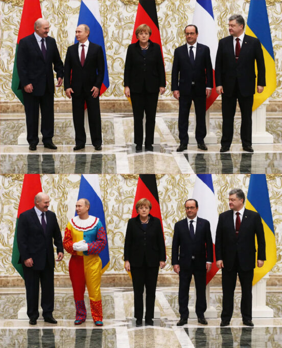 Neste exemplo de Inpainting, a área do corpo de Putin foi mascarada, e um prompt descrevendo uma roupa de palhaço foi usada. A IA cuidou de mesclar tudo mantendo o estilo (Crédito: Sasha Mordovets/Getty Images/Flux)