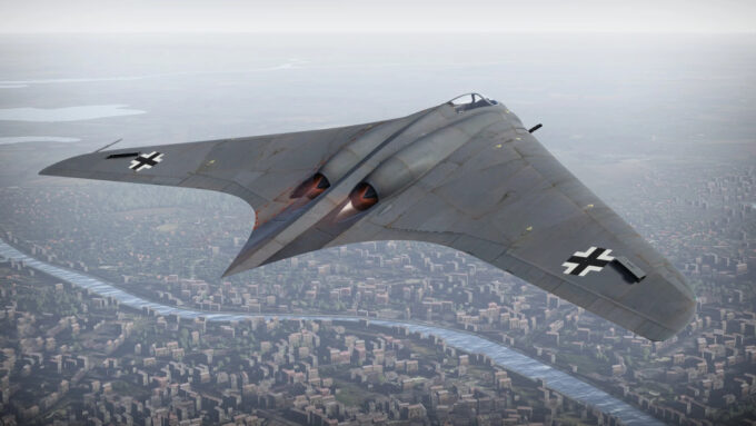 A imagem mostra um jato de caça voando sobre uma cidade. O jato é de cor cinza e tem um nariz pontudo e uma cauda pontiaguda. Possui duas cruzes brancas nas asas, uma de cada lado da fuselagem. As asas estão espalhadas e o jato parece estar no meio do vôo. A cidade abaixo é densamente povoada com edifícios e casas, e há um rio que atravessa o centro da imagem. O céu está nublado e o horizonte é visível à distância.
