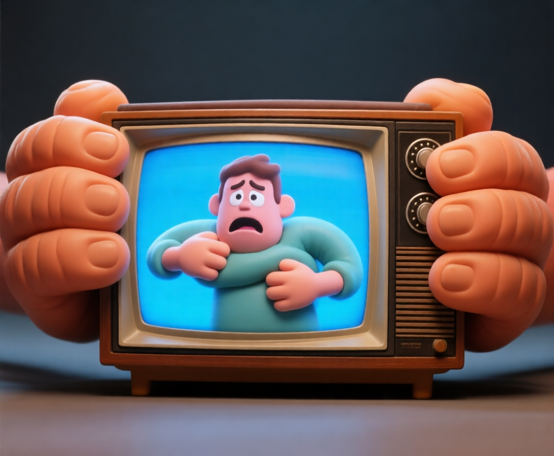 A imagem mostra um par de mãos segurando um aparelho de televisão à moda antiga. O aparelho de televisão é marrom de cor e tem uma tela pequena no centro. Na tela, há uma imagem de desenho animado de um homem com uma expressão surpresa no rosto. O homem está vestindo uma camisa azul e parece estar em perigo. O fundo está borrado, mas parece que a televisão é colocada em uma superfície de madeira. As mãos estão posicionadas de uma maneira que estão segurando a televisão com os dedos.
