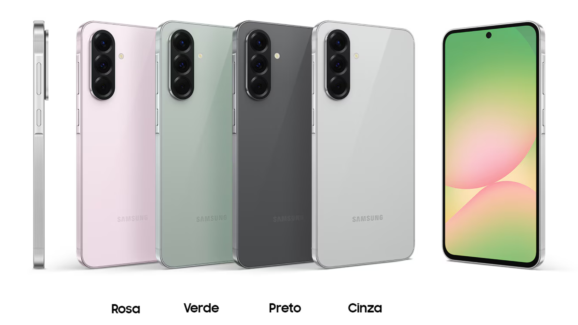 Imagem mostra Galaxy A56 com as quatro cores disponíveis