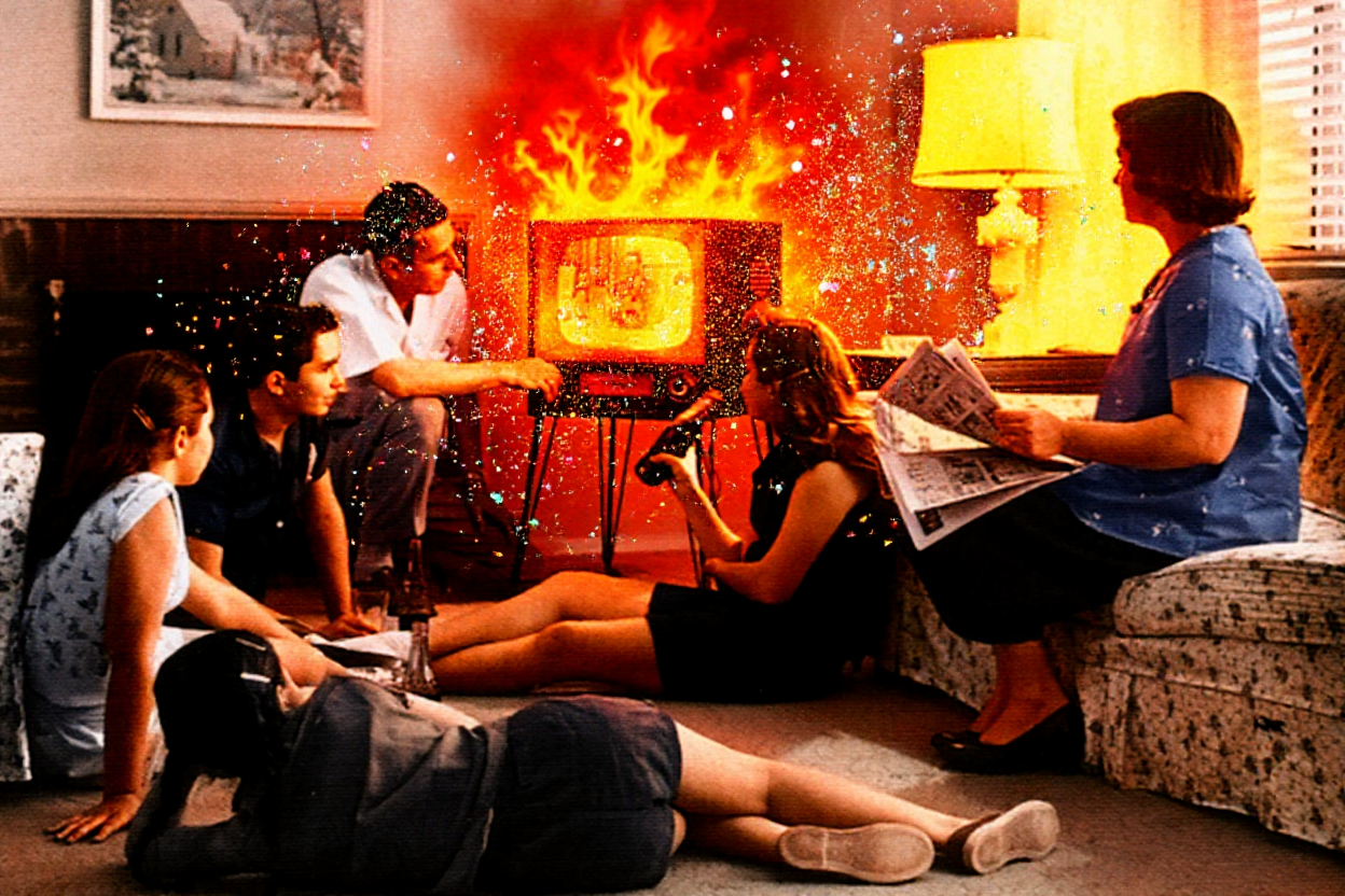 A imagem mostra um grupo de cinco pessoas sentadas ao redor de uma lareira em uma sala de estar. A lareira está queimando intensamente e há um grande incêndio queimando no centro da sala. Há um homem sentado no chão em frente à lareira, segurando um controle remoto e parece estar assistindo a uma televisão. As pessoas ao redor da lareira estão envolvidas em uma conversa, com uma pessoa deitada no chão e outra pessoa segurando um jornal. A sala é decorada com uma lâmpada e uma pintura na parede. O humor geral da imagem é aconchegante e relaxado.
