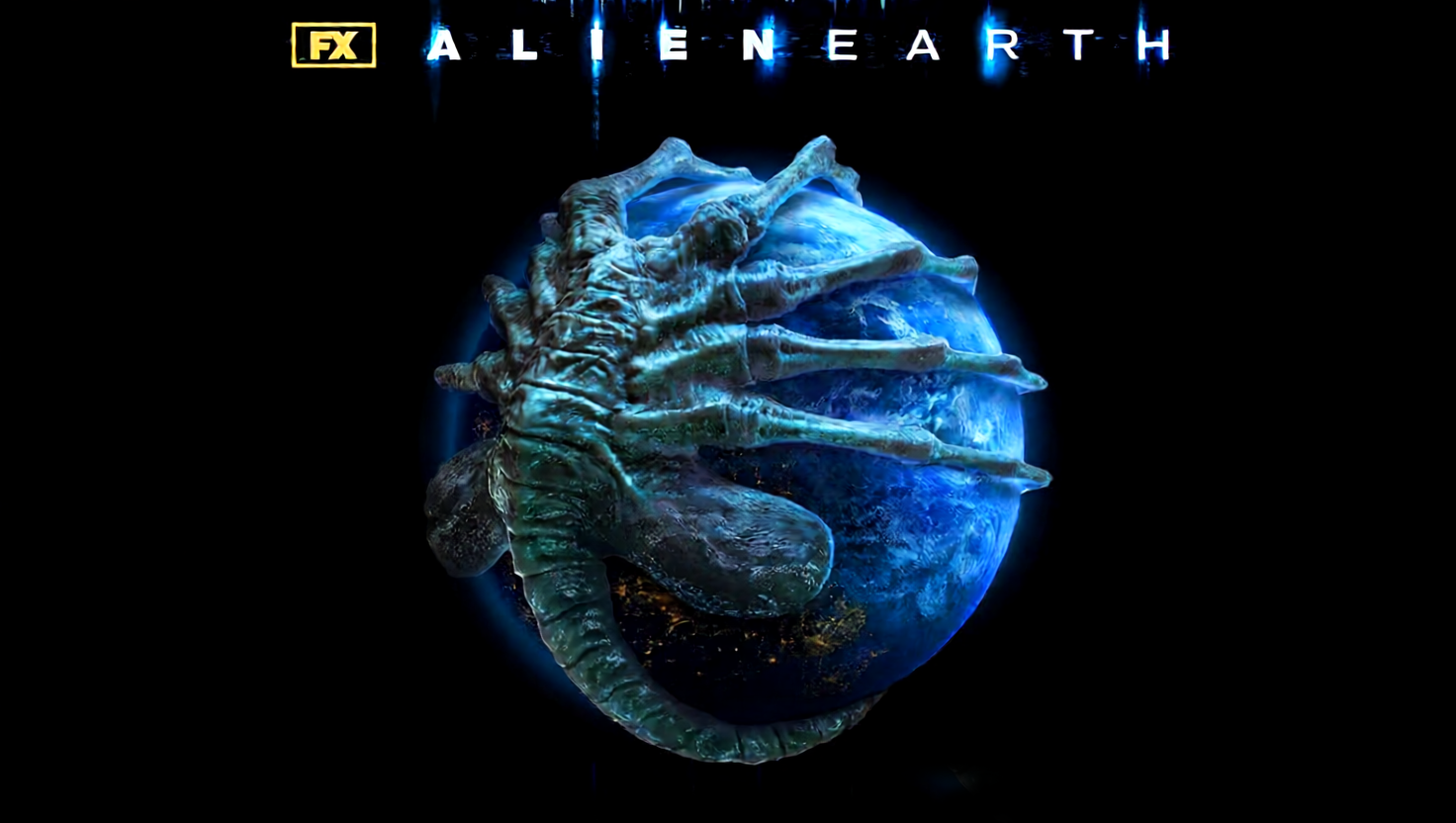 A imagem é uma obra de arte digital intitulada "Alien Earth" de FX. Possui uma criatura grande e alienígena com um esquema de cores azul e verde. A criatura parece estar flutuando no ar, com os braços e as pernas espalhados e a cabeça inclinada para cima. Possui um corpo longo e esbelto, com garras afiadas e dentes afiados. O fundo é preto e a palavra "AlienEarth" é escrita em texto em branco na parte superior da imagem. O humor geral da peça é sombrio e ameaçador, com um senso de mistério e intriga.