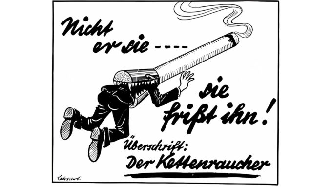 Charge "O fumante compulsivo", da publicação anti-fumo Reine Luft ("Ar Puro") de 1941; o texto diz: "ele não o devora, é devorado" (Crédito: British Medical Journal)