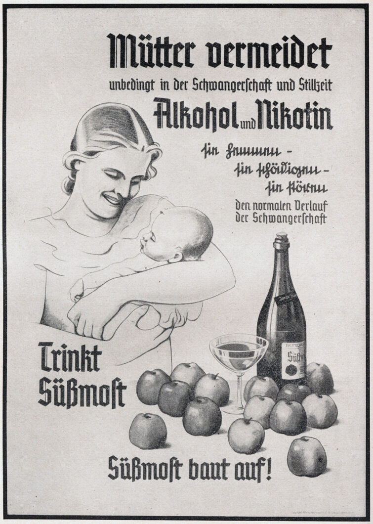 "Mães, evitem o álcool e a nicotina!", diz propaganda de 1942 incentivando o consumo de cidra não-alcoólica durante a gravidez (Crédito: domínio público)