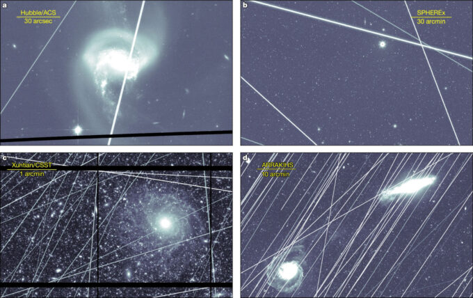 Simulações da NASA de como observações dos telescópios Hubble, SPHEREx, Xuntian e ARRAKIHS serão afetados por satélites LEO (Crédito: Ames Research Center/NASA)