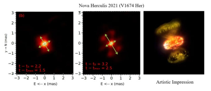 À esquerda e ao centro, imagens capturadas pelo CHARA 2,2 dias e 3,2 dias após V1674 Herculis explodir, respectivamente (Crédito: Nature Astronomy)