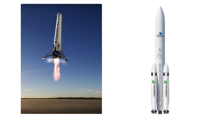 Da esq. para a dir.: conceitos do booster reutilizável da Isar Aerospace, e do Ariane 6 equipado com lançadores recuperáveis da subsidiária MaiaSpace (Crédito: Isar Aerospace/ArianeGroup/European Space Agency)