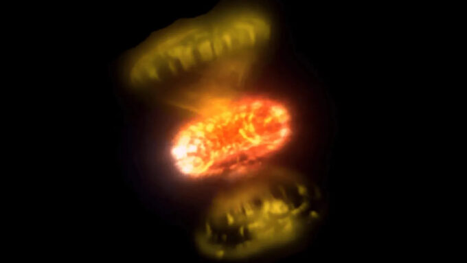 Representação artística da nova observada em V1674 Herculis; explosão é diferente do que cientistas esperavam (Crédito: Nature Astronomy)