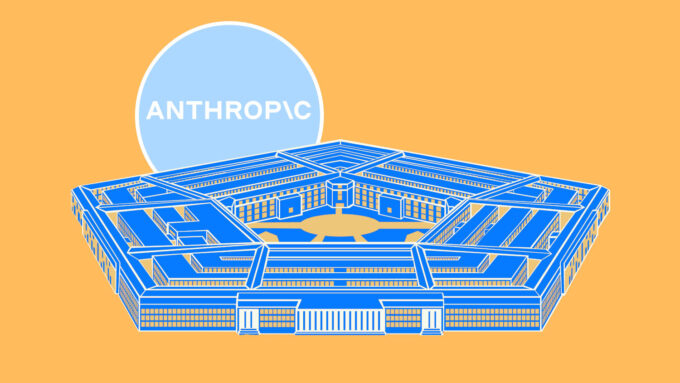 Logo da Antrhopic em um círculo azul por trás de arte do Pentágono, como se fosse o Sol ou a Lua (Crédito: Morning Brew/Adobe Stock)