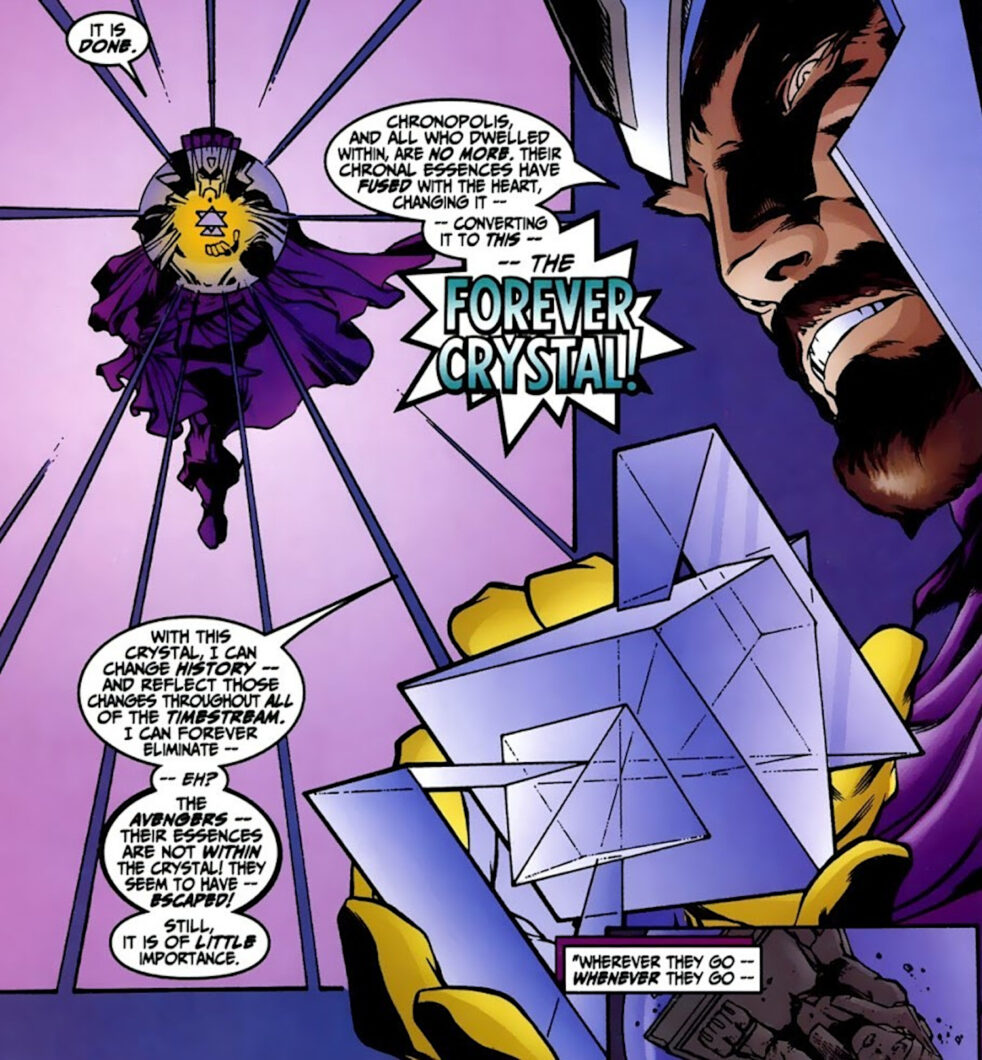 Na excelente minissérie Vingadores Eternamente, Immortus comprium uma cidade inteira e a transformou em um cristal com poderes temporais; nossos cientistas não precisaram ir tão longe (Crédito: Reprodução/Marvel Comics/Disney)