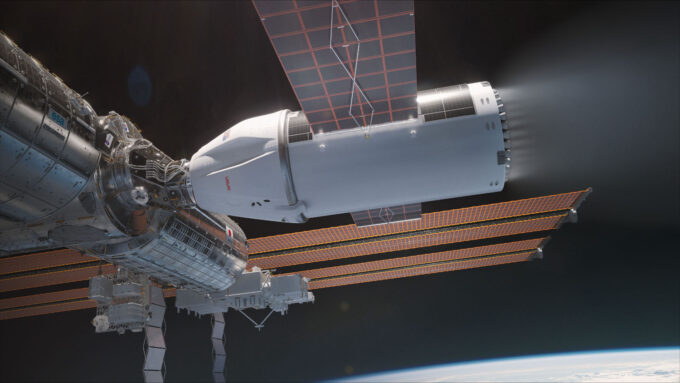 Representação artística do "rebocador espacial" (oficialmente, "veículo de desorbitação") da SpaceX, desenvolvido com base na cápsula Dragon, encarregadoo de derrubar a ISS (Crédito: SpaceX)