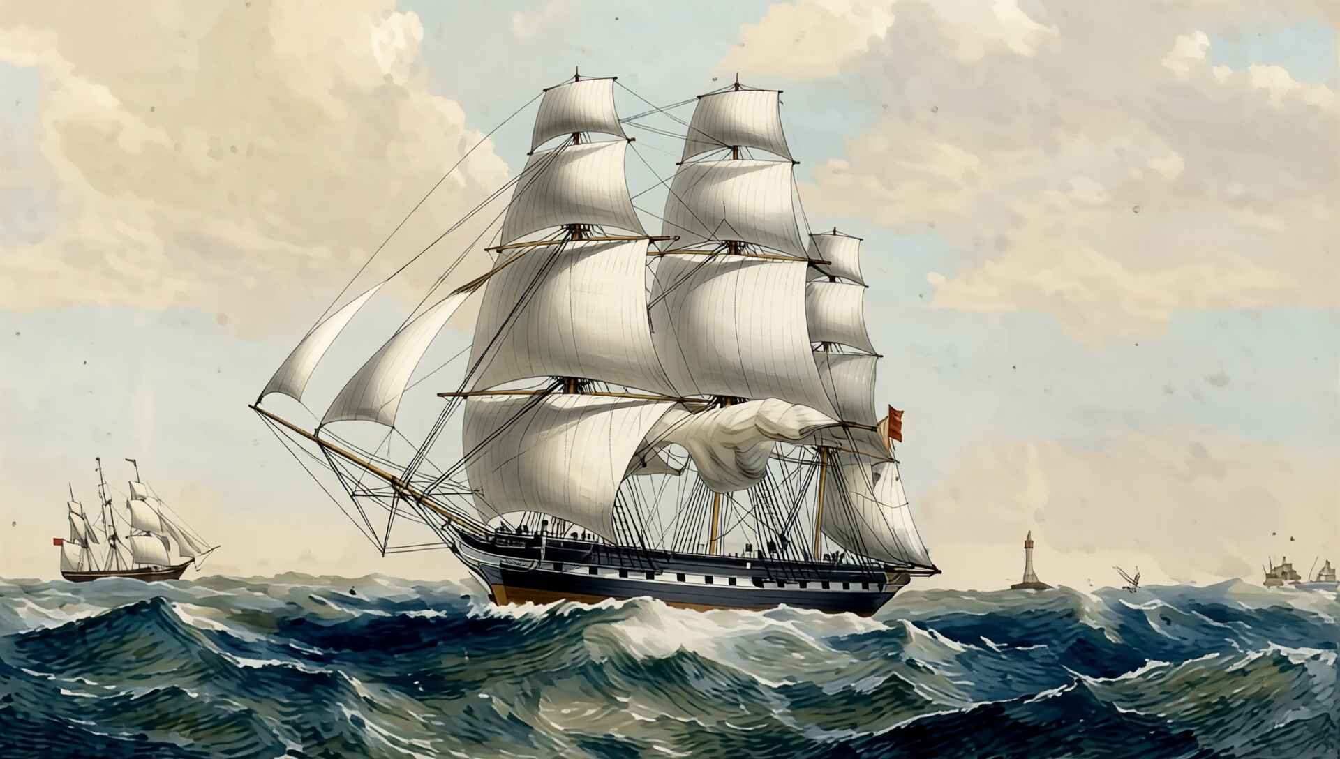 Uma grande embarcação de vela, com múltiplos mastros e velas totalmente estendidas, domina o centro da cena, navegando em diagonal da esquerda para a direita. O casco do navio é longo e estreito, cortando as ondas que se agitam abaixo dele. As velas, dispostas em fileiras verticais nos mastros principais e auxiliares, parecem tensionadas pelo vento, sugerindo movimento constante. No topo do mastro mais à frente, uma bandeira retangular flutua suavemente.Ao fundo, à esquerda, uma segunda embarcação menor, também de vela, acompanha a nave principal, embora com menos destaque. À direita, no horizonte distante, outras formas menores de barcos ou talvez uma estrutura de farol são visíveis, dando profundidade ao cenário. O ambiente é um mar aberto, onde as ondas formam linhas onduladas e dinâmicas, indicando uma brisa forte. O céu, que ocupa a parte superior, é preenchido por nuvens espalhadas, criando um cenário aberto e vasto para a travessia marítima. A composição transmite a sensação de uma viagem em curso, com os elementos naturais e os objetos interagentem através do vento e da água.