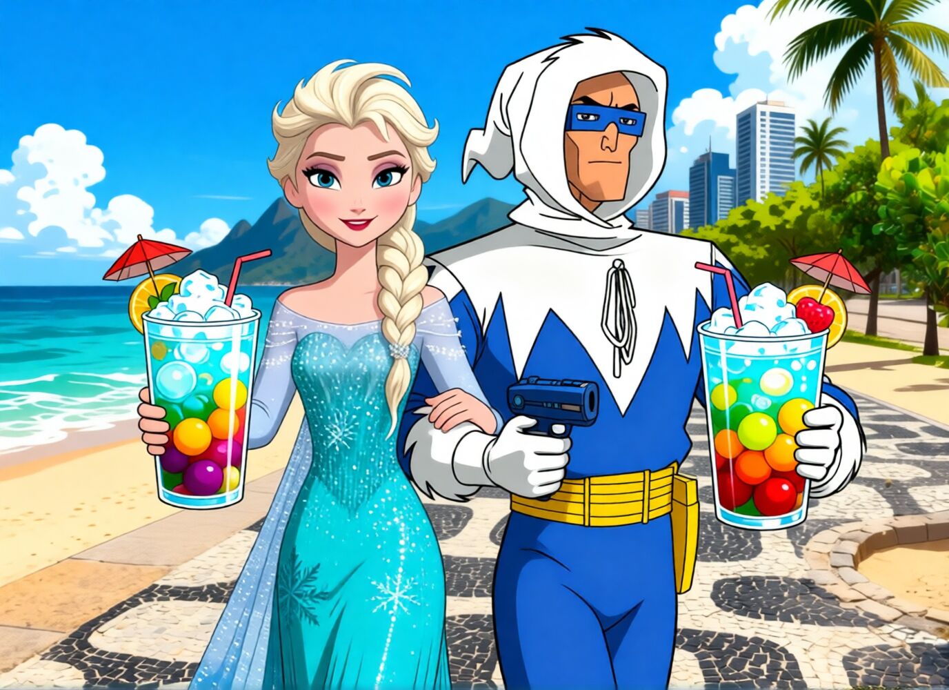Esta imagem é uma ilustração colorida e vibrante que retrata um cenário de praia tropical com dois personagens principais, parecendo ser uma mistura de estilos (talvez Disney e um super-herói). **Os Personagens:** 1. **À esquerda, uma mulher loira:** Ela se assemelha muito à Princesa Elsa, da *Frozen*. Ela tem cabelos loiros platinados em um longo rabo de cavalo trançado e usa um vestido longo, azul-esverdeado e transparente, com detalhes de flocos de neve brilhantes. Ela sorri suavemente e segura uma bebida alta na mão direita. 2. **À direita, um homem mascarado:** Ele parece um super-herói ou um personagem de ação. Ele veste um traje justo de azul e branco, com uma capa branca volumosa que cobre a cabeça como um capuz. Ele tem uma máscara azul sobre os olhos e uma faixa amarela larga na cintura. Na mão direita, ele segura uma pistola preta, e na esquerda, outra bebida alta. **As Bebidas:** Ambos seguram copos altos e transparentes cheios de gelo, frutas coloridas (laranja, amarelo, vermelho) e pequenos guarda-chuvas vermelhos. As bebidas parecem ter uma camada de líquido colorido no fundo. **O Cenário (Fundo):** * **Céu:** Um céu azul intenso e brilhante com nuvens brancas fofas. * **Praia:** O chão onde eles estão parece ser uma calçada de pedras irregulares (como calçadão de areia), ao lado da areia dourada. * **Mar:** Ao fundo, o mar azul-turquesa se estende até o horizonte. * **Vegetação e Cidades:** À direita, há palmeiras altas e árvores verdes, sugerindo um clima tropical. Ao fundo, entre as árvores, são visíveis arranha-céus modernos, indicando que a praia fica perto de uma cidade grande. Em resumo, é uma cena de férias ensolarada onde um casal, um elegante e o outro de ação, desfrutam de drinks refrescantes na beira do mar.