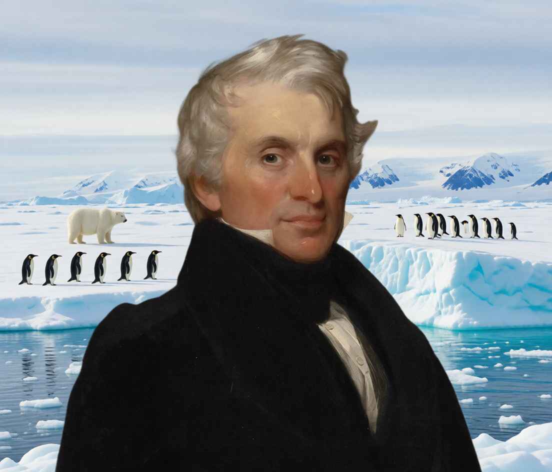 Um retrato de um homem de meia-idade, provavelmente do século XIX, ocupa a maior parte do primeiro plano, posicionado centralmente e ligeiramente inclinado para o lado direito. Ele tem cabelos grisalhos, levemente ondulados e penteados para trás, com uma franja que cai sobre a testa. Seu rosto é oval, com maçãs do rosto levemente salientes e uma expressão serena e atenta. Ele olha diretamente para frente, com os olhos fixos e a boca fechada em um leve sorriso, sugerindo confiança.Ele veste roupas formais da época: um casaco escuro e grosso, possivelmente de lã ou tecido pesado, com colarinho alto e firme. Abaixo do casaco, é visível uma camisa clara com gola branca e botões pequenos alinhados verticalmente no peito. Ao fundo, estende-se um cenário que parece ser uma paisagem polar ou glacial, criando um contraste interessante com a vestimenta clássica do homem. No plano de fundo, ao nível dos ombros do homem, há uma faixa horizontal onde se alinham diversas figuras de animais. À esquerda, atrás do ombro esquerdo do homem, destaca-se um grande mamífero branco, possivelmente um urso-polar, caminhando para a direita. À direita, atrás do ombro direito, há um grupo de cerca de dez pinguins em pé, alinhados lado a lado, todos olhando na mesma direção. Abaixo dessa linha de animais, ocupando a parte inferior do fundo, há uma massa de água ou gelo quebrado, com texturas irregulares que sugerem icebergs flutuantes. Acima de tudo isso, o céu ou o horizonte distante é composto por formas montanhosas suaves e onduladas, todas em tons claros, dando a impressão de um ambiente frio e vasto. A composição geral sugere uma colagem ou um retrato histórico colocado sobre um cenário exótico de exploração geográfica.