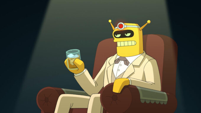 Calculon, o robô-ator de Futurama, em cena de monólogo sentado em uma poltrona, vestindo terno e segurando um copo de whisky on the rocks na mão direita (Crédito: Reprodução/The Curiosity Company/20th Television Animation/Disney) / IA