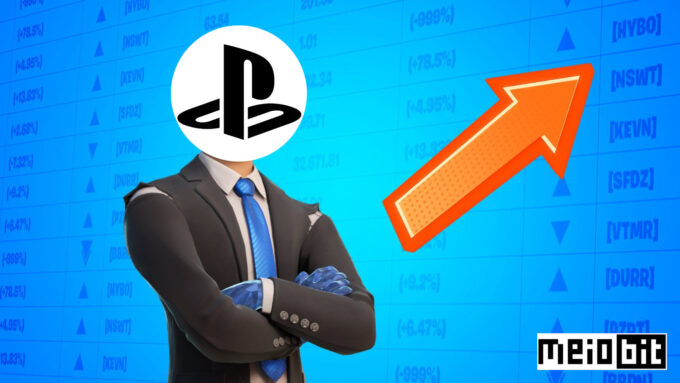 Skin de Fortnite Diamond Hanz, baseada no meme "Stonks", com rosto substituído pelo logo da divisão PlayStation (Crédito: Epic Games/Ronaldo Gogoni/Meio Bit) / sony