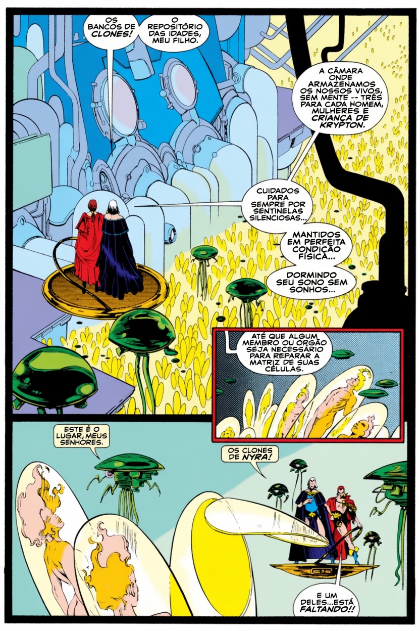 Esta é uma página de uma história em quadrinhos, provavelmente do universo DC, focada no tema dos "Clones de Nyrza". A página é dividida em três painéis.**Painel Superior:** A cena principal mostra dois personagens de costas, vestidos com mantos longos e elegantes — um vermelho e outro preto — caminhando sobre um chão dourado e brilhante. O ambiente ao redor é uma câmara alta, de cor azul claro, com paredes curvas e decoradas com formas orgânicas e flores estilizadas. Eles estão observando uma vasta extensão de clones, que parecem ser seres humanoides com peles douradas e olhos verdes, dispostos em fileiras sobre o chão. Ao redor deles flutuam pequenos drones verdes com formato de cogumelo. Os balões de fala revelam que este é o "arquivamento" dos clones, mantidos em perfeita cópia e dormindo sob um campo de suas células. Um dos personagens diz: "Cuidadoso, pois sempre por sentinela silencioso". Outro menciona: "A câmara onde armazenamos os nossos clones para caso algum dia precisemos deles..." e identifica o local como "Krypton". **Painel Central (Inserido):** É um zoom detalhado de um dos clones, mostrando seu rosto pálido, olhos verdes brilhantes e corpo coberto por uma textura dourada quase metálica. Ele está sendo observado pelos dois personagens principais. **Painel Inferior:** Mostra os dois personagens de costas novamente, agora mais próximos de um grupo maior de clones. Eles estão sobre uma plataforma flutuante, com os drones verdes ao redor. Um dos personagens pergunta: "Este é o que procuramos, senhores?" — sugerindo que estão inspecionando ou selecionando os clones. O último balão diz: "Eles... eles... são prontos!" **Estilo Visual:** A arte é colorida, com tons vibrantes de azul, dourado e verde. As linhas são limpas e o estilo remete a quadrinhos dos anos 90 ou início dos 2000. Os personagens têm silhuetas imponentes, indicando importância ou poder. **Resumo para deficientes visuais:** Imagine dois líderes ou guardiões caminhando por um laboratório futurista e místico, cheio de seres idênticos — os clones de Nyrza — prontos para uso futuro. Eles são acompanhados por pequenos robôs verdes e observam cada clone com cuidado. A atmosfera é de tecnologia avançada misturada com algo quase sagrado ou biológico, tudo dentro de uma estrutura que parece flutuar no espaço ou em uma dimensão especial chamada Krypton. É uma cena que mistura ciência, poder e preparação para um destino desconhecido.