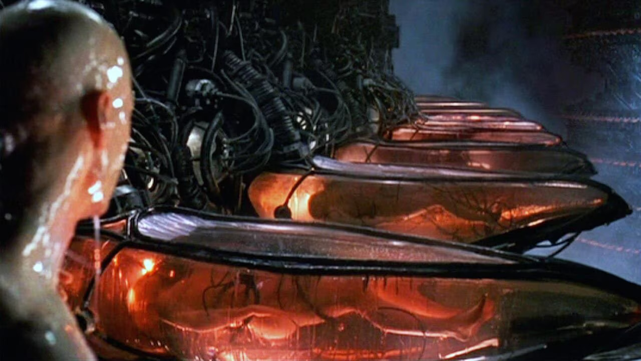 A imagem apresenta uma cena futurista e industrial. No primeiro plano, à esquerda, vemos a cabeça de uma pessoa, provavelmente um homem, vista de perfil e de baixo para cima. Sua pele parece úmida ou suada, com reflexos de luz brilhando sobre o couro cabeludo e o rosto.Ao lado dele, estendendo-se em perspectiva em direção ao fundo, há uma fileira de recipientes longos e estreitos, semelhantes a tanques ou cápsulas. Estes recipientes são transparentes ou semi-transparentes, revelando um líquido com um brilho laranja-avermelhado intenso e quente que os preenche. Dentro do líquido, é possível ver formas escuras e difusas, que podem ser partes de corpos humanos ou de criaturas biológicas. No fundo, atrás da fileira de tanques, há uma estrutura complexa e intrincada, feita de inúmeros tubos, fios e componentes mecânicos entrelaçados, sugerindo um sistema de suporte de vida ou uma máquina de grande porte. A iluminação é dramática e contrastante: a luz quente e laranja vinda dos tanques se reflete no tanque mais próximo e na cabeça da pessoa, enquanto o fundo e as partes superiores da estrutura são banhados por uma luz azulada e fria, criando uma atmosfera de alta tecnologia, mas também de mistério e talvez perigo. A composição guia o olhar do espectador ao longo da fileira de tanques, enfatizando a repetição e a escala da cena.