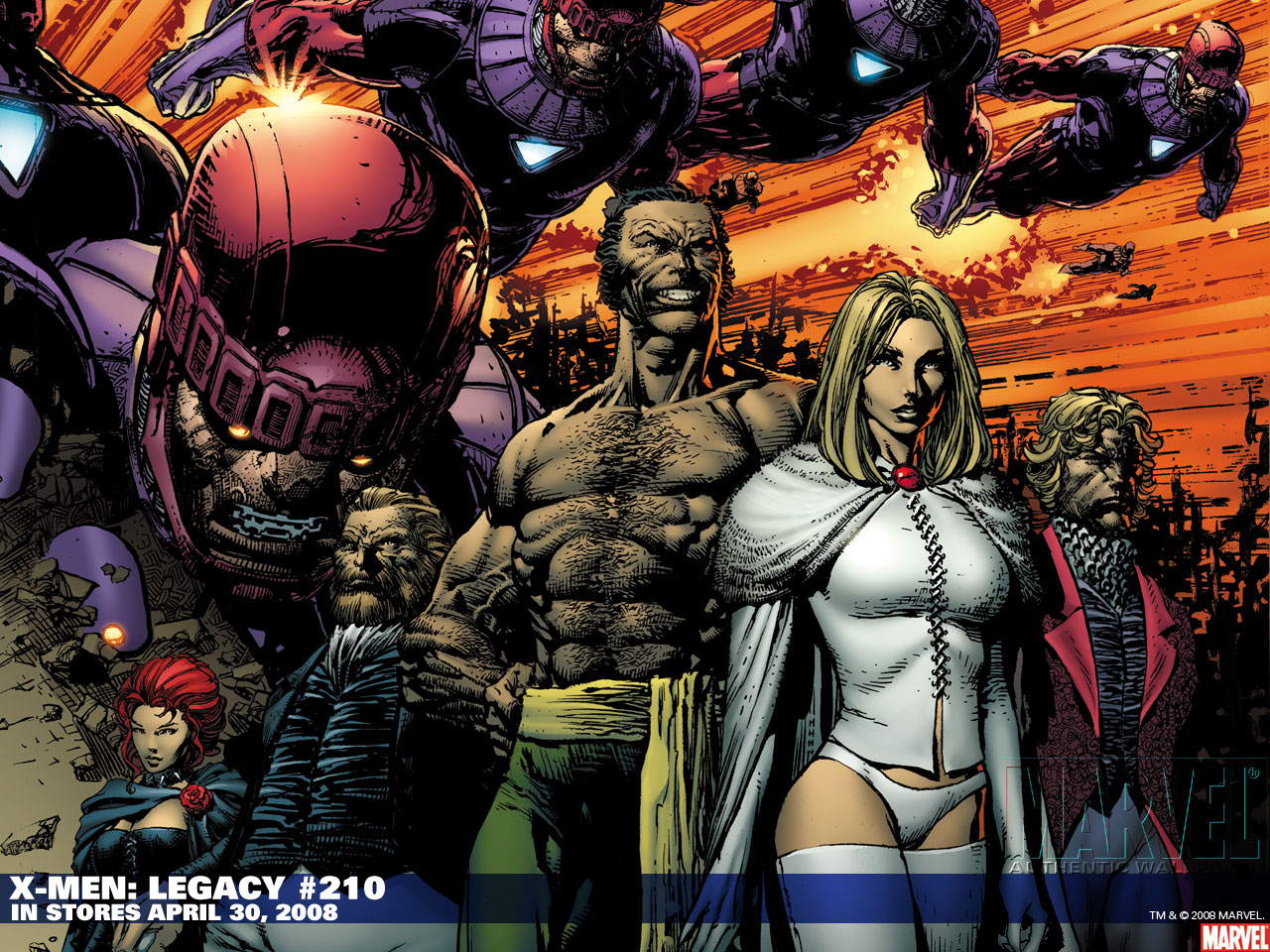 Esta é uma ilustração em estilo de quadrinhos, com uma composição dinâmica e intensa, retratando um grupo de personagens da Marvel em um cenário que sugere uma batalha ou confronto épico. A cena principal é dominada por uma linha frontal de heróis e vilões.No centro da composição, um homem musculoso e sem camisa, com pele bronzeada e expressão facial tensa, abraça uma mulher de cabelos loiros que veste um traje branco justo com uma capa branca sobre os ombros. Ao lado deles, à direita, encontra-se um homem com cabelos ondulados e uma capa vermelha. Mais ao fundo e à esquerda, outros personagens são visíveis, incluindo uma mulher de cabelos vermelhos com um traje azul e um homem mais velho com barba e roupas escuras. Dominando o lado esquerdo da imagem é uma figura imponente e alta, vestindo uma armadura roxa e um capacete vermelho com detalhes metálicos e olhos brilhantes; ela está em uma pose de ataque ou voo. Acima dos personagens centrais, no céu, outras figuras em armaduras roxas parecem estar em voo, com seus peitorais azuis brilhando, contra um céu alaranjado e vermelho que simula um pôr do sol dramático ou uma explosão de energia. Na parte inferior da imagem, há uma faixa azul com o texto em branco: "X-MEN: LEGACY #210" e, logo abaixo, "IN STORES APRIL 30, 2008". No canto inferior direito, estão os logotipos "MARVEL" e "AUTHENTIC WAR", além do copyright "TM & © 2008 MARVEL". A arte utiliza cores vibrantes, sombras fortes e linhas de ação para transmitir movimento e tensão, típico da arte de capa de quadrinhos.