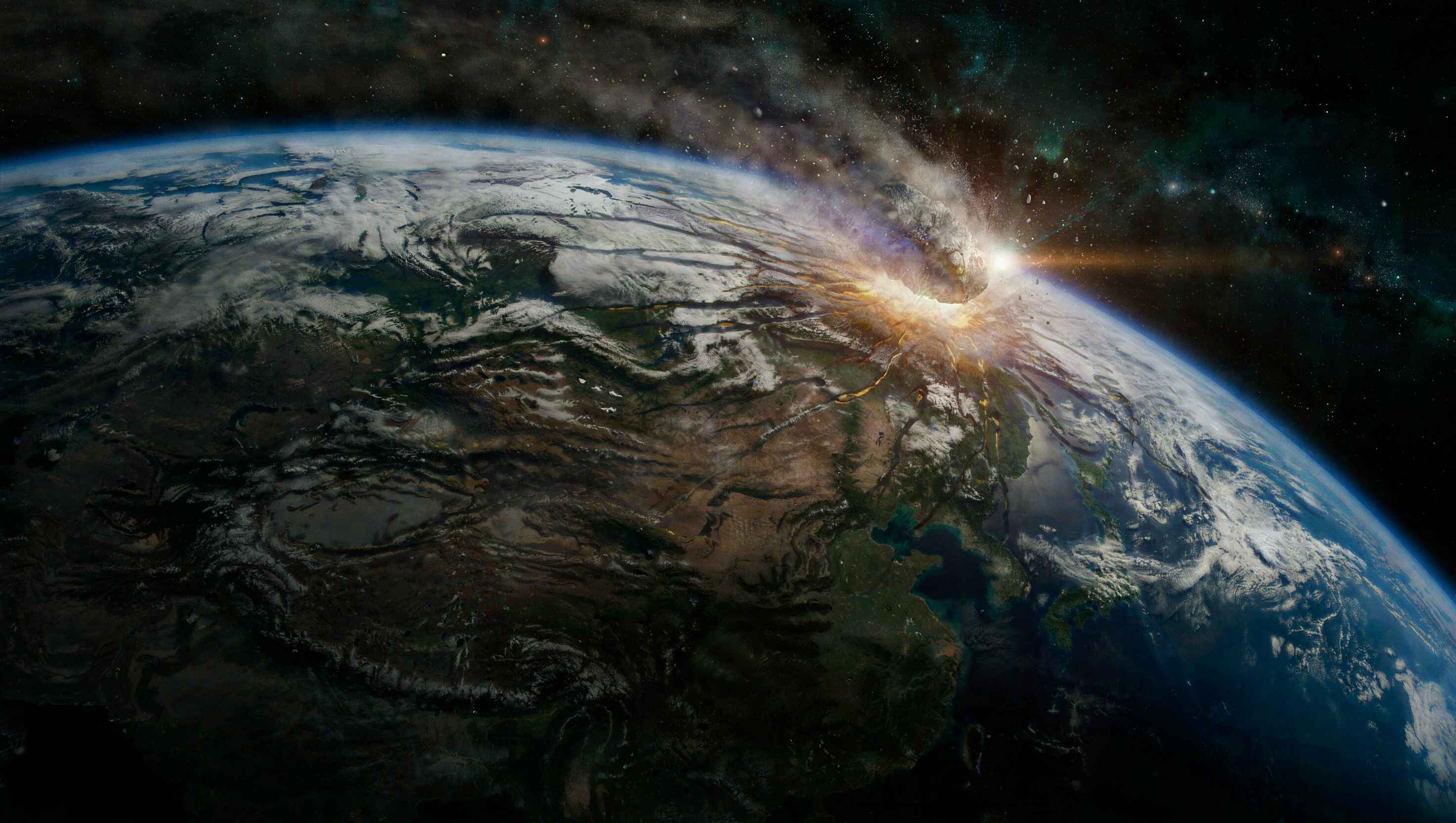 A imagem exibe uma representação artística da Terra vista do espaço, com destaque para uma região de impacto ou colisão no hemisfério norte, onde uma explosão luminosa e intensa ilumina a atmosfera. A cena mostra o planeta em formato esférico, com a curvatura visível contra o fundo escuro do espaço estrelado.**Elementos principais:** O foco central é a área de impacto, localizada na parte superior direita da superfície terrestre, onde uma rajada de luz branca e amarela explode, irradiando para fora em forma de cone luminoso. Ao redor desse ponto, nuvens brancas e texturas terrestres como montanhas, planícies e corpos d’água são parcialmente cobertas pela névoa da explosão. A atmosfera do planeta brilha com um tom azul brilhante ao longo da borda superior, indicando a camada atmosférica iluminada pelo evento. **Detalhes visuais relevantes:** A iluminação é dramática, com o ponto de impacto sendo a fonte primária de luz, criando um contraste forte entre a região brilhante e as áreas mais escuras do planeta. As cores predominantes são tons de azul profundo no espaço e na atmosfera, contrastando com o branco e amarelo da explosão, além de marrons, verdes e cinzas nas superfícies continentais. A textura da Terra revela detalhes geográficos como cadeias montanhosas, bacias fluviais e extensões de gelo ou neve em algumas áreas. A composição é panorâmica, com o planeta ocupando a maior parte do quadro e o espaço ao redor preenchido por estrelas esparsas e nebulosas sutis. **Texto presente:** Não há texto visível na imagem. **Estilo e atmosfera:** O estilo visual é de renderização digital ou CGI realista, simulando uma cena cinematográfica ou científica. A atmosfera é épica e imersiva, evocando impacto cósmico ou fenômeno espacial de grande escala. A combinação de luz intensa e vastidão espacial cria uma sensação de drama e grandiosidade, adequada para ilustrar temas como catástrofes naturais, exploração espacial ou ficção científica em um contexto de blog.