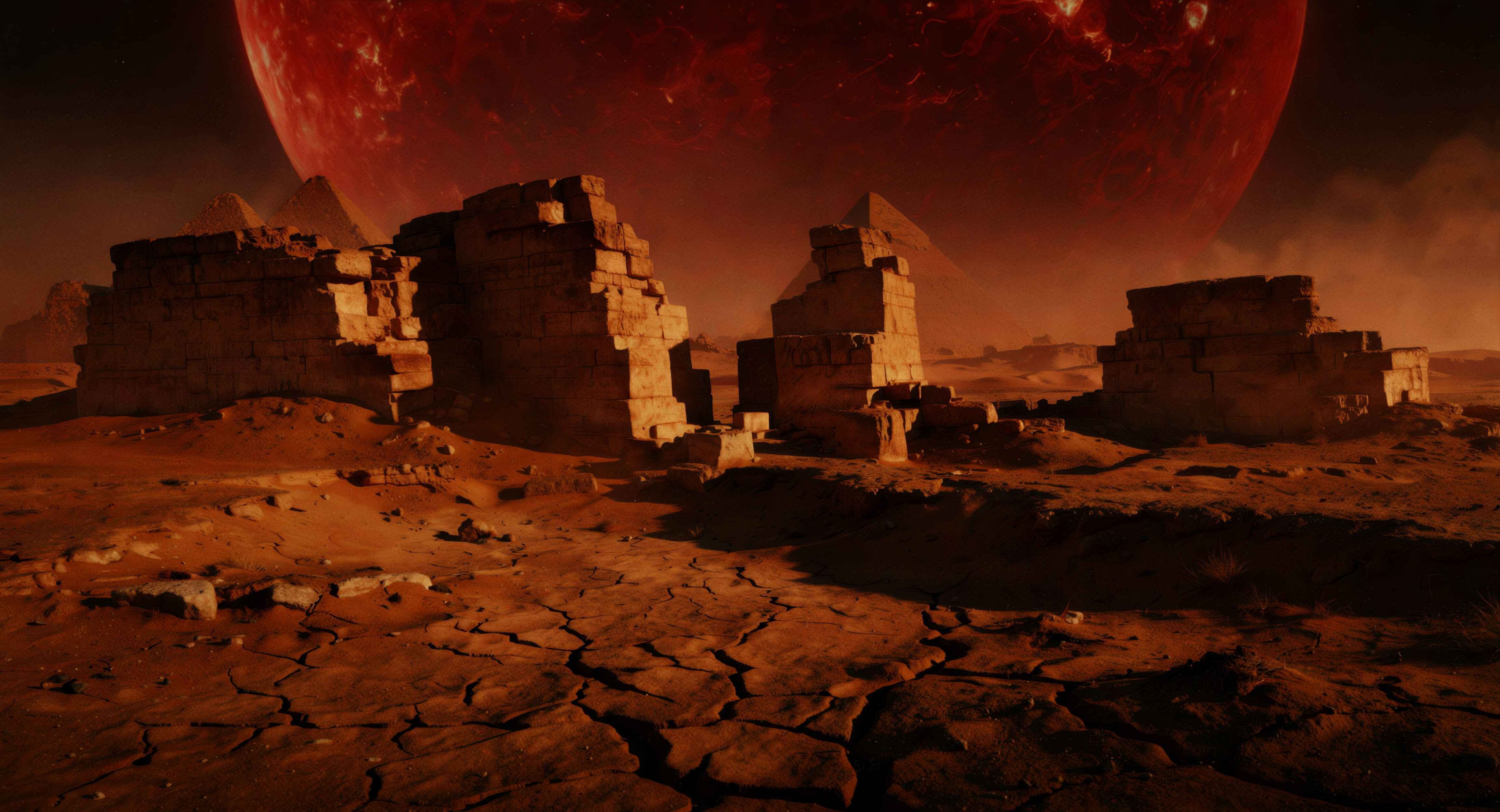 A cena retrata um cenário futurista e desolado, onde ruínas de construções antigas, que lembram templos ou pirâmides, estão espalhadas em um deserto avermelhado. O chão é composto por areia fina e terra seca com fissuras profundas, indicando um ambiente árido e hostil. No horizonte, ao fundo, uma grande esfera celeste —o Sol, agora uma Gigante Vermelha — domina o céu com uma tonalidade intensa de vermelho escuro, exibindo detalhes texturizados como crateras ou nuvens de gás.As ruínas são formadas por blocos de pedra retangular, dispostos em estruturas parciais que sugerem muros ou pilares, com algumas pirâmides visíveis entre elas. As pedras parecem desgastadas pelo tempo, com bordas irregulares e superfícies ásperas. A iluminação é quente e dramática, vinda de baixo e de lado, criando sombras longas e acentuadas que realçam a textura do solo e das ruínas.O estilo visual combina elementos realistas com um toque de fantasia científica, sugerindo um mundo alienígena ou uma versão distópica da Terra. A atmosfera é solene, melancólica e imponente, reforçada pela paleta monocromática em tons de vermelho e marrom. Não há texto visível na imagem. A composição equilibra a escala das ruínas com a grandiosidade do corpo celeste, criando uma sensação de vastidão e isolamento.