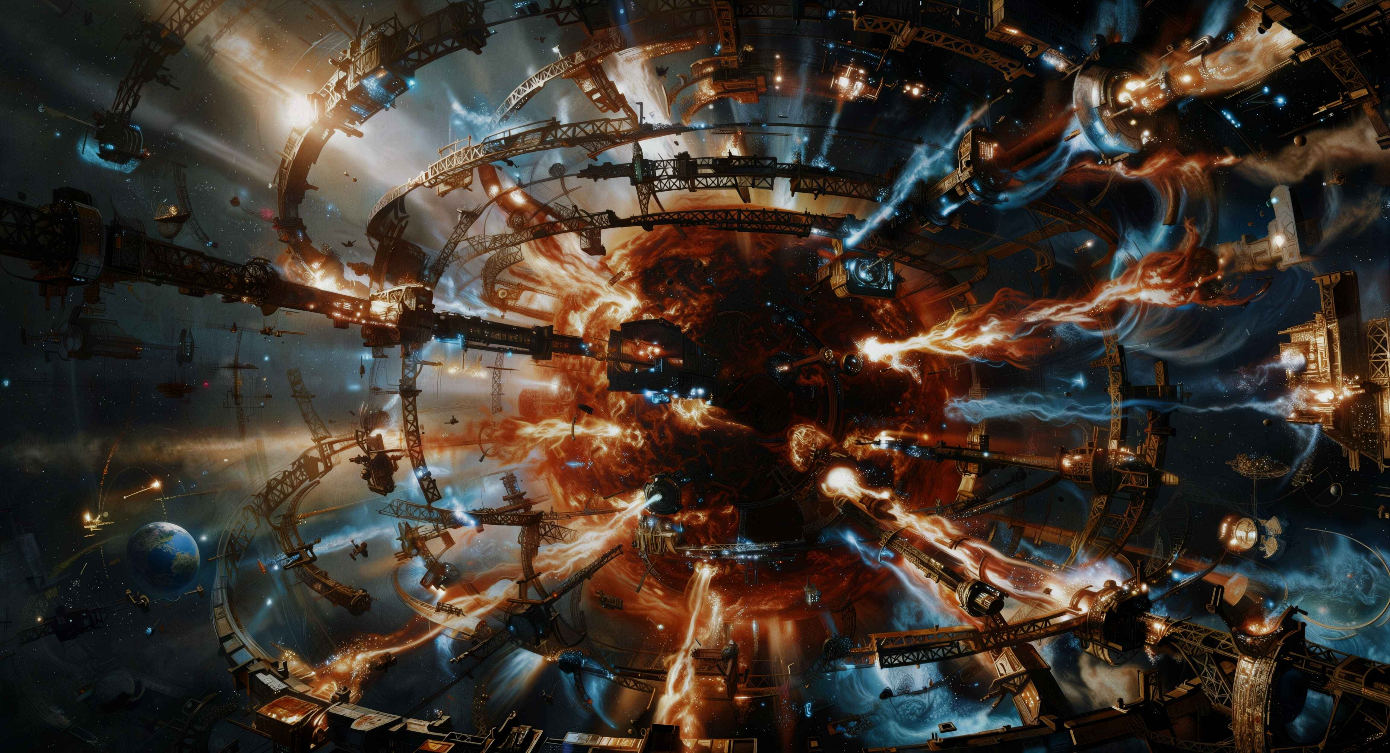 Esta é uma ilustração digital de um estilo realista e cinematográfico, retratando uma cena épica de ficção científica no espaço. A composição centraliza-se em torno de um objeto esférico e denso, com uma superfície que exibe texturas rugosas e tons avermelhados e laranja, semelhante ao núcleo de um planeta ou a uma massa de plasma energético contida. Este núcleo é o ponto de origem para múltiplos jatos de energia – alguns avermelhados e outros azul-elétrico – que se projetam para fora em direções radiais, conectando-se a estruturas metálicas complexas.Em torno desse núcleo energético, orbitam e se conectam várias estações espaciais e naves de design industrial e futurista. Estas estruturas são compostas por uma malha de vigas, plataformas e módulos interligados, formando uma espécie de gaiola ou anéis concêntricos que envolvem a energia central. A iluminação é dinâmica, com fontes de luz intensa emanando tanto do núcleo quanto das pontas das estruturas que recebem os jatos de energia, criando um contraste entre áreas brilhantes e sombras profundas.No fundo, o cenário é o espaço profundo, preenchido por um campo de estrelas esparsas e nebulosas sutis. À esquerda da composição, é possível identificar um planeta com tons de azul e branco, sugerindo a presença de uma atmosfera ou oceanos.A paleta de cores é dominada por contrastes fortes entre o calor intenso do vermelho e laranja no centro e o frio do azul e ciano nos jatos laterais e no ambiente espacial. As texturas variam desde a rugosidade quase orgânica do núcleo até a precisão geométrica das estruturas mecânicas.Não há texto legível na imagem. O estilo visual combina elementos de arte conceitual de ficção científica com uma renderização detalhada, evocando uma sensação de escala monumental e tecnologia avançada, típica de universos de grande produção.