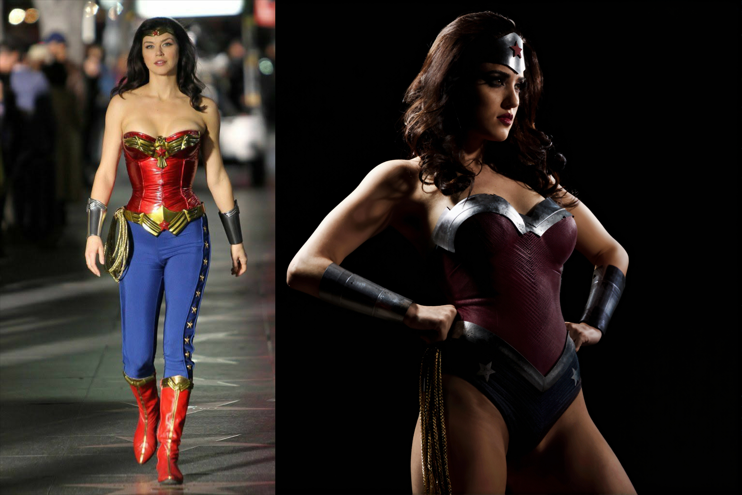 Esta é uma imagem composta por dois painéis lado a lado, mostrando duas mulheres vestidas como a heroína Wonder Woman. O painel à esquerda exibe uma mulher de pele clara com cabelos longos e escuros, caminando em direção à câmera em uma rua urbana noturna, com luzes de fundo desfocadas e outras pessoas ao fundo, sugerindo um ambiente de evento público ou desfile. Ela veste o traje clássico da personagem: um corpete vermelho brilhante com detalhes dourados e um emblema de águia no centro, calças justas azuis com estrelas douradas na lateral, botas vermelhas e luvas douradas nos pulsos, além de uma faixa dourada pendurada na cintura. Seu olhar é direto e confiante. O painel à direita apresenta uma mulher de pele mais escura, com cabelos longos e ondulados, posando em um fundo preto puro, destacando sua figura muscular e definidas. Ela usa uma versão alternativa do traje: um corpete vermelho-textura com bordas prateadas, saia curta azul com estrelas brancas e faixas pretas nos braços. Sua postura é dinâmica, com as mãos na cintura e o olhar voltado para o lado, transmitindo força e presença. A iluminação é dramática e direcionada, criando sombras marcadas que realçam os contornos do corpo e os detalhes do traje. Entre os dois painéis, não há texto visível, mas a composição sugere uma comparação estilística entre duas interpretações diferentes do mesmo personagem. O estilo geral é fotográfico realista, com foco na apresentação visual das trajes e nas expressões corporais, ideal para um blog que discute personagens, cosplay ou evolução de designs de filmes.