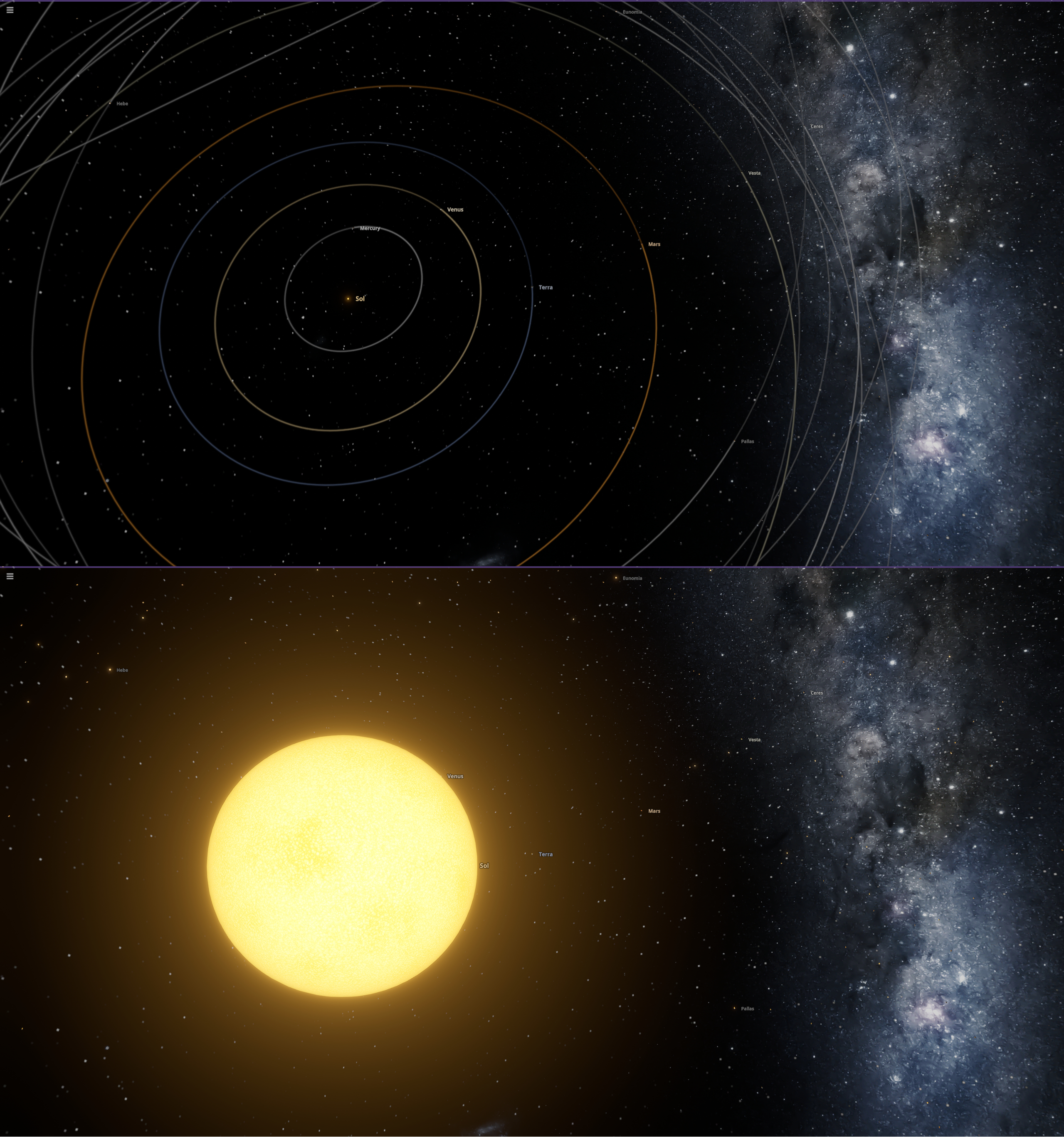 A imagem é composta por duas seções horizontais, uma sobreposta à outra, ambas representando o sistema solar visto de um ângulo oblíquo contra o fundo da Via Láctea. A composição é dividida por uma linha horizontal fina e escura, separando um diagrama orbital no topo de uma representação visual do Sol e dos planetas na parte inferior.**Visão geral:** A cena geral é uma representação esquemática e artística do sistema solar, contextualizada por uma vista parcial do céu noturno. O fundo, que se estende por ambas as metades da imagem, é o espaço profundo, preenchido por uma vasta quantidade de estrelas pontuais e pela estrutura brilhante e difusa da Via Láctea, que se curva suavemente do canto superior direito para o centro inferior direito, exibindo tons de azul, branco e cinza escuro. **Elementos principais:** Na seção superior, o foco é o Sol, representado por um pequeno ponto laranja brilhante no centro. Ao seu redor, orbitam cinco planetas principais (Mercúrio, Vênus, Terra, Marte e Júpiter) ao longo de trajetórias circulares concêntricas. Cada planeta é marcado por um pequeno ponto colorido e rotulado com seu nome em texto branco. As órbitas são desenhadas como linhas finas e contínuas. Na seção inferior, a representação muda para uma escala visual diferente. O Sol agora é o elemento dominante, aparecendo como um grande círculo de cor amarelo-dourado intenso, ocupando aproximadamente um terço da largura da metade inferior da imagem. Sua superfície tem uma textura granulada, sugerindo granulação solar. Os planetas são mostrados novamente como pequenos pontos ao redor dele, mantendo seus nomes legíveis, mas agora em uma escala muito menor em relação ao Sol. **Detalhes visuais relevantes:** As cores são vibrantes e contrastantes. O fundo do espaço é preto profundo, fazendo com que as estrelas e a Via Láctea se destaquem. O Sol na parte superior é um ponto de luz amarelo-laranja, enquanto na parte inferior ele emana uma aura brilhante, com um gradiente de luz dourada que se espalha para fora, suavizando o fundo preto ao redor dele. As linhas das órbitas são finas e de cor clara (quase branca), criando um forte contraste com o fundo escuro. As etiquetas dos planetas são escritas em uma fonte sans-serif pequena e clara. A textura do Sol na parte inferior é particularmente detalhada, dando-lhe uma aparência mais tátil e realista em comparação com o ponto abstrato da parte superior. **Texto presente:** O texto presente na imagem consiste nos nomes dos corpos celestes, escritos em branco. Na parte superior, as órbitas são rotuladas no sentido horário, começando do mais interno: "Mercury" (Mercúrio), "Venus" (Vênus), "Earth" (Terra), "Mars" (Marte) e "Jupiter" (Júpiter). Na parte inferior, as etiquetas são ligeiramente diferentes ou posicionadas de forma distinta, mas ainda identificam os mesmos corpos: "Mercury", "Venus", "Earth", "Mars" e "Jupiter" estão visíveis ao redor do Sol. **Estilo e atmosfera:** O estilo visual é uma mistura de diagrama científico e arte digital. A parte superior tem um caráter mais técnico e esquemático, focado na geometria das órbitas. A parte inferior é mais impressionista e focada na escala relativa e na beleza visual do Sol, com a textura e a luz desempenhando um papel central. A atmosfera geral é de grandeza cósmica e precisão científica, convidando à contemplação da estrutura e da beleza do nosso sistema planetário.