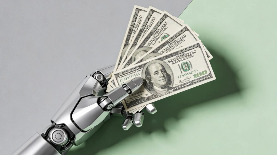 Mão de robô segurando cinco cédulas de US$ 100 (Crédito: Freepik) / IA