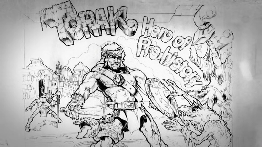 Uma ilustração em preto e branco, estilo desenho animado dos anos 80, mostrando o herói Torak em uma pose de combate. Ele é um homem musculoso com cabelos longos, segurando uma espada e um escudo. À direita dele, um monstro peludo ataca, e ao fundo à esquerda, um guerreiro observa a cena. No topo, o título "Torak Hero of Prehistory" está escrito em letras grandes e estilizadas. O cenário sugere uma cidade antiga ou ruínas ao fundo.