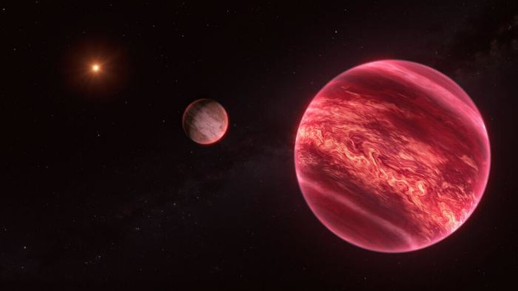 Representação artística do sistema CD-35 2722: a "exolua" se encontra ao centro, orbitando uma anã marrom à direita (Crédito: M. Kornmesser/ESO)