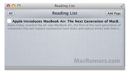 Reading List, no Safari do Mac OS X Lion.