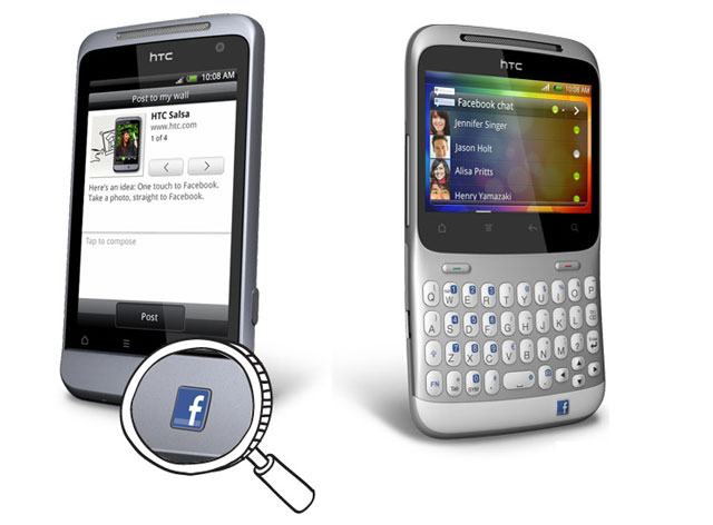 HTC Salsa e ChaCha. Botão Facebook no detalhe.