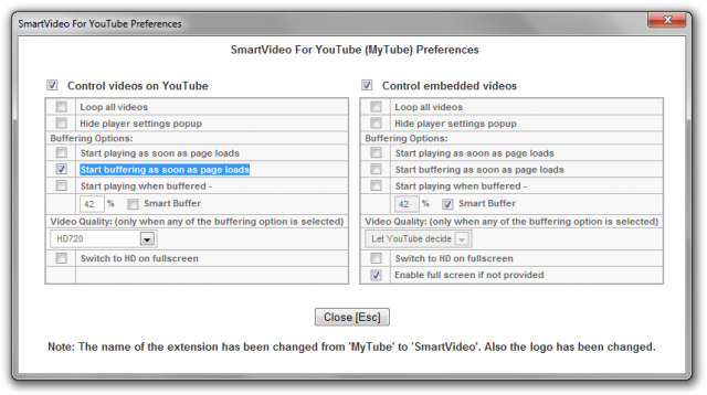 Opções do SmartVideo For YouTube para Firefox.